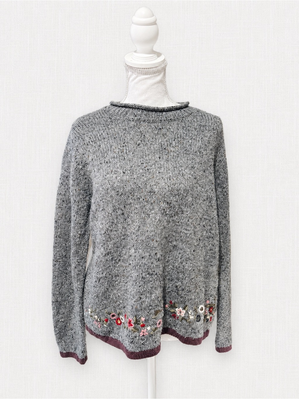 Northern Reflections Grey Crewneck Sweater with Floral Embroidery
